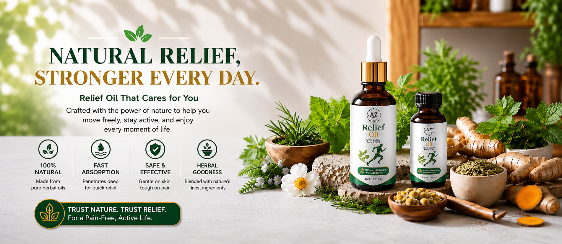AZ Herbal Care Relief Oil bottles with natural herbal ingredients