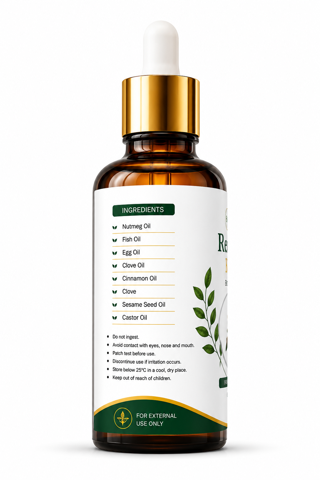Side view of Relief Oil bottle showing ingredients and safety information
